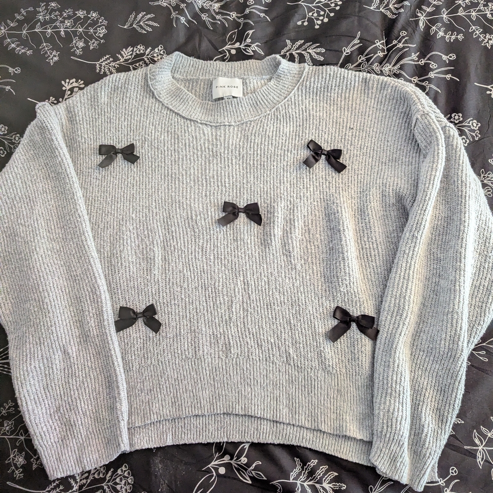 Pink Rose Gray Sweater with Black Bow Accents